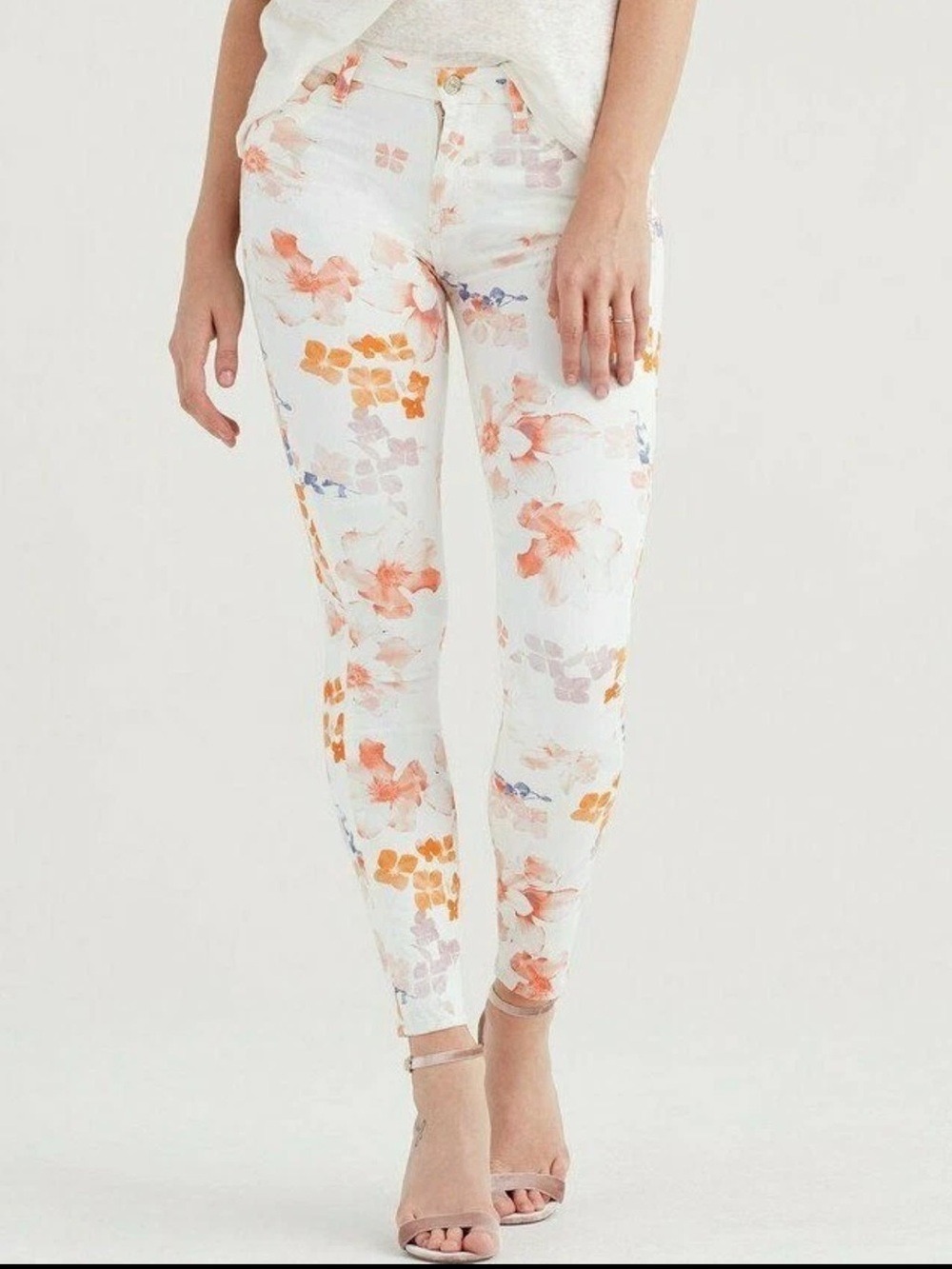 7 For All Mankind Loft Garden Mid Rise Skinny Jeans in White with Floral Print